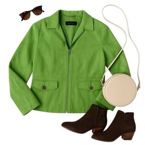 Tribal Lime Green Faux Suede Moto Jacket Women’s Size 6 Zip Front Silver Trim